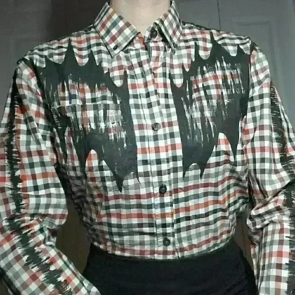 The Scarecrow, a red, orange, black & white cotton  checkered button-down shirt - Picture 5 of 16